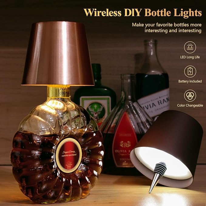 Wine Bottle Lamp, 2025 New 3 Color Rechargeable Wireless Bottle Lamp for Liquor Bottles with Touch Dimming for Parties, Restaurants & Home Decor (Rose Gold)