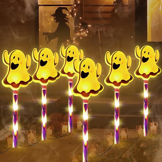 LOLStar Halloween Ghost Decorations 5-Pack Halloween Pathway Lights Outdoor, Waterproof Battery Operated Walkway Garden Stake Lights Makers with Timer 8 Flash Mode Light Up for Yard Patio Lawn Grave