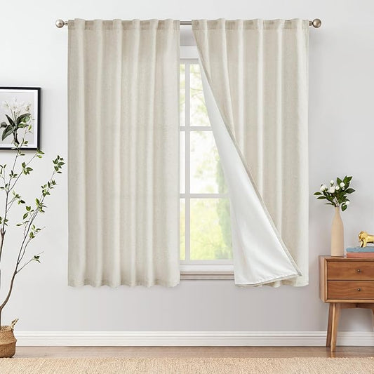 jinchan Beige Linen Blend Curtains for Bedroom 63 Inch Length 2 Panels Curtains for Kichen Room, 50 Inch Wide Farmhouse Drapes with Rod Pocket Back Tab(50W x 63L, Ecru)