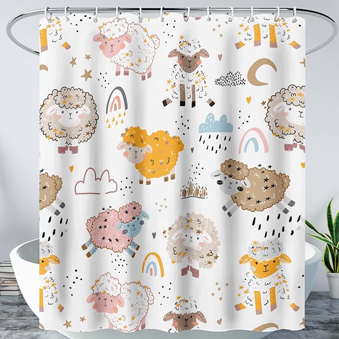 AILONEN Cute Sheep Kids Shower Curtain for Bathroom,Sheep Moon Clouds Kids Creative Rainbow Waterproof Bath Curtain,Modern Minimalist White Curtain with 12 Plastic Hooks(72" W*78" H)
