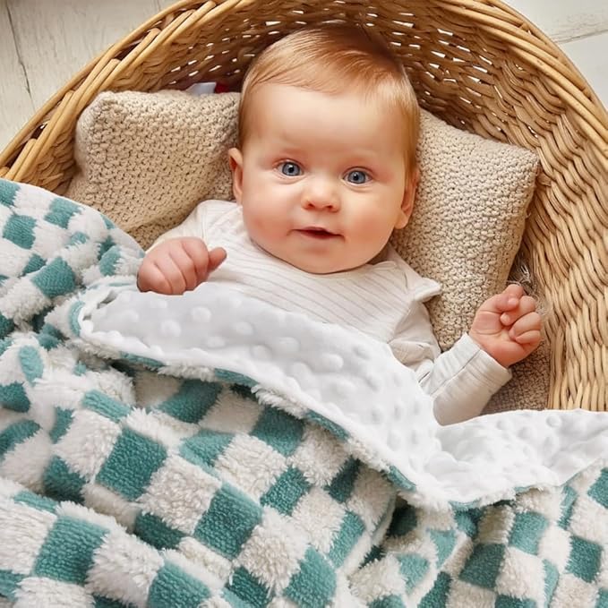 Soft Checkered Baby Blankets for Unisex Girls or Boys Breathable Gender Neutral Nursery Double Layer Blankets with Dotted Backing for Newborn Toddlers (30??X 40??
