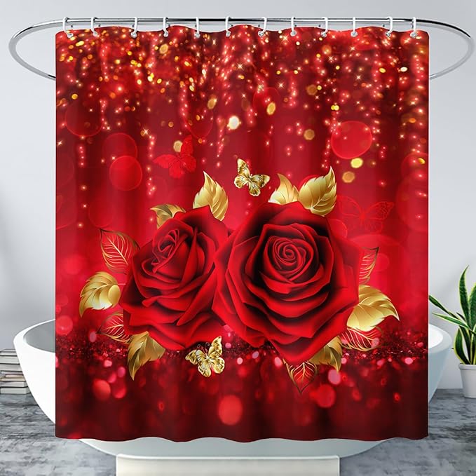 AILONEN Red Rose Shower Curtain for Bathroom,Romantic Rose Flower Waterproof Bath Curtain,Girls Women Curtain Bathroom Decor 72" W x 96" H with 12 Plastic Hooks