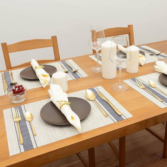 Winknowl Placemats, Set of 8 Heat Resistant Stain Resistant Non-Slip Woven Vinyl Insulation Placemats, Washable Durable Elegant Table Mats for Dining (Beige Blue)