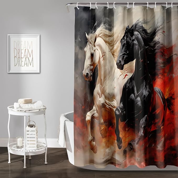 AILONEN 3D Horse Shower Curtain,Black White Galloping Horses Waterproof Fabric Shower Curtains for Bathroom,Farmhouse Animals Bath Curtain Set with Hooks, 72" W*96" H
