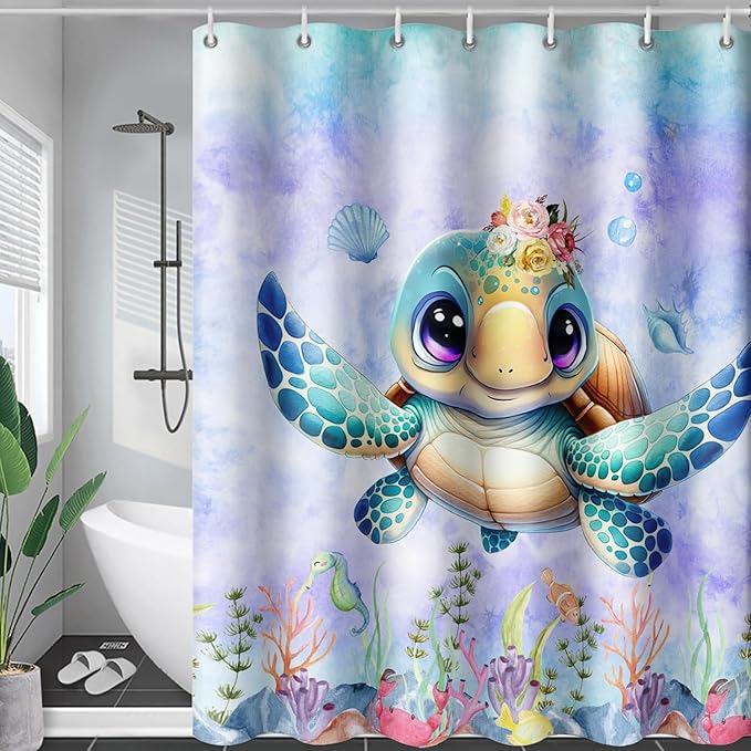 AILONEN Sea Turtle Shower Curtain for Kids Boys Girls,Cute Turtle Kids Bath Curtain Ocean Animal Tie Dye Shower Curtain 48" W*72" H Women Bathroom Curtain Polyester Waterproof Curtain with 12 Hooks