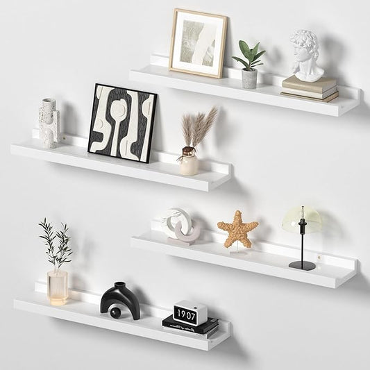Floating Shelves for Wall Decor White, Rustic Solid Pine Wood Floating Shelves Wall Mounted, Wall Shelves with Lid for Living Room Bathroom Bedroom Kitchen, 16 Inch Set of 4 (White, 4Pack 16inch)