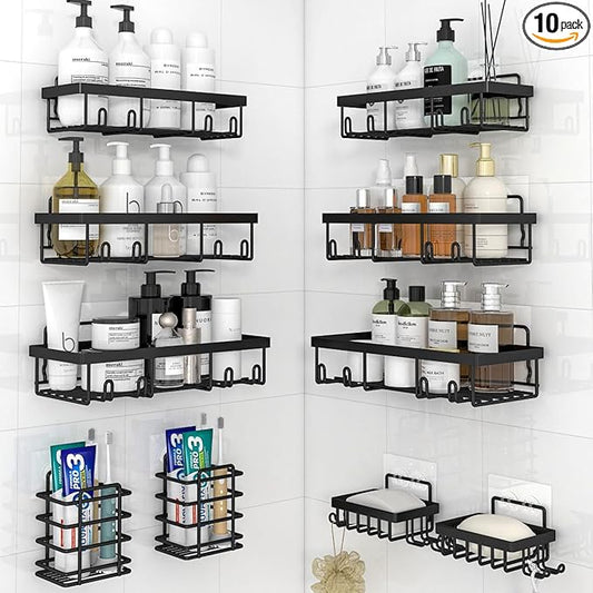 10 Pack Shower Caddy Organizer Rack Shelf for Inside Shower, Self Adhesive Wall Storage Basket Rustproof Stainless Steel Shampoo Holder Bathroom Accessory Decor Set, Black