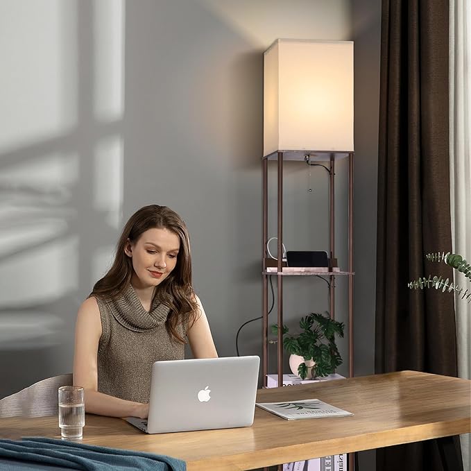Floor Lamp with Shelves, with 2 USB Ports and Power Outlet Modern Square Standing Lamp with 3 Color Temperature Bulb, Corner Display Bookshelf Lamp for Living Room, Bedroom and Office (brown-9DY)