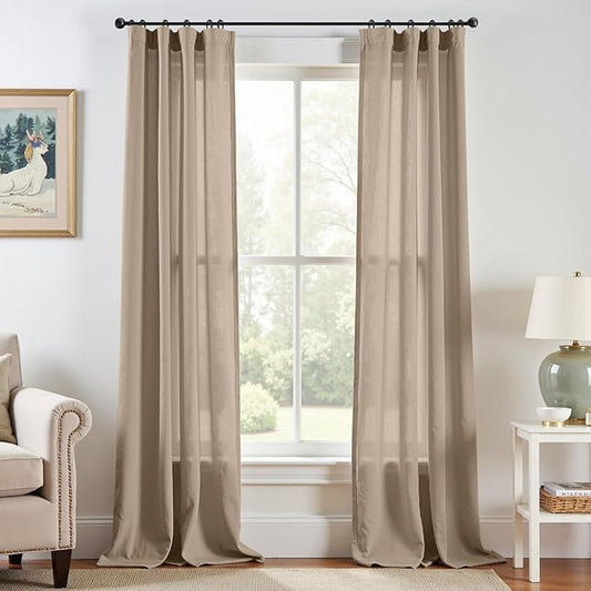 jinchan Linen Blend Curtains 96 inch Length 2 Panels for Bedroom Living Room, Light Filtering 38 inch Wide Farmhouse Drapes with Rod Pocket Back Tab(38W x 96L, Taupe)