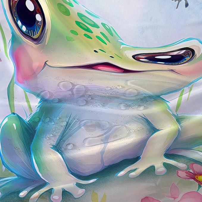 AILONEN Cartoon Frog Shower Curtain,Kawaii Frog Waterproof Fabric Bath Curtain for Kids Girls,Watercolor Blue Flower with Butterfly Shower Curtain Set for Bathroom with Hooks,72" W*84" H