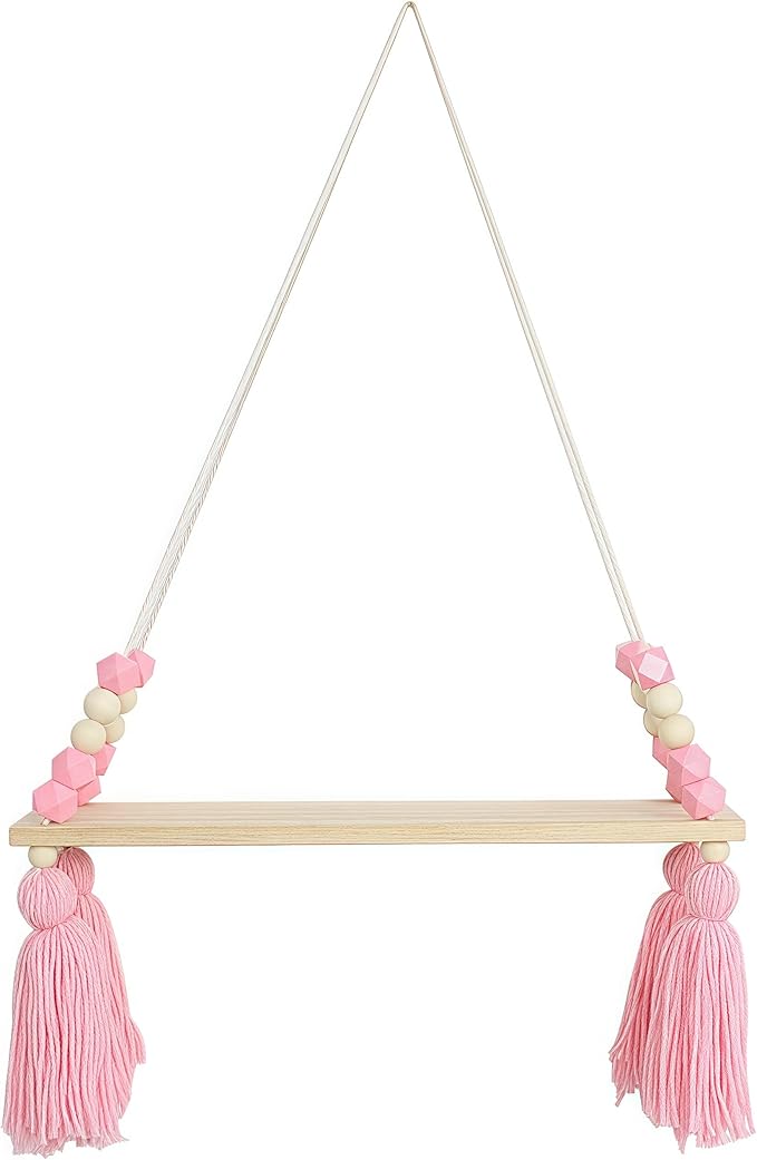 Rope Hanging Floating Shelves Wood Beads Wall Shelf Boho Storage Rack Decorative Display Ledge Shelf for Living Room Room Bedroom Bathroom Kitchen Pink