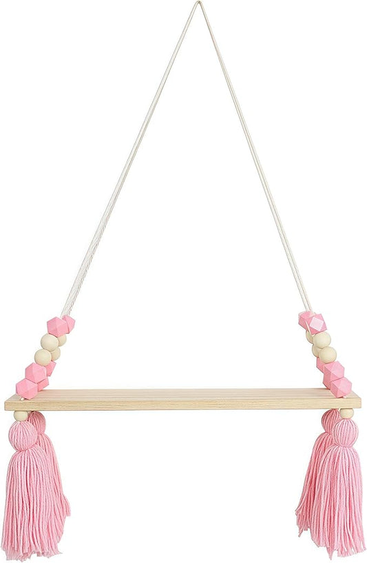 Rope Hanging Floating Shelves Wood Beads Wall Shelf Boho Storage Rack Decorative Display Ledge Shelf for Living Room Room Bedroom Bathroom Kitchen Pink