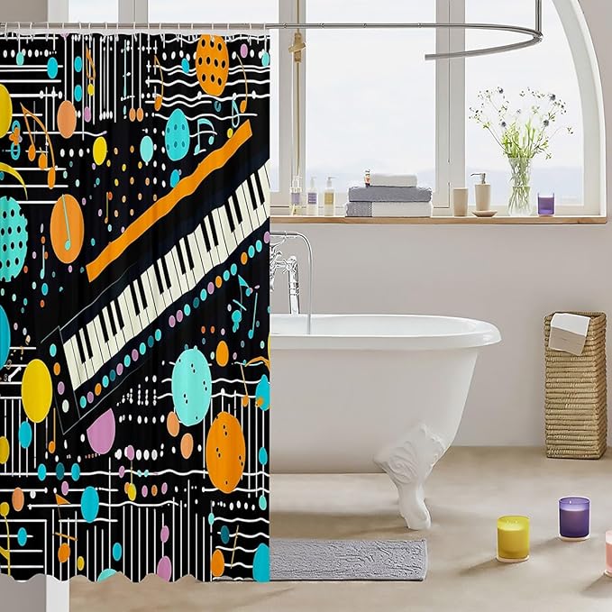 Feelyou Piano Fabric Shower Curtain Musical Shower Curtain for Boys Girls Geometric Bathroom Waterproof Accessories with 12 Hooks Colorful Wave Dot Curtains,72x72 Inches