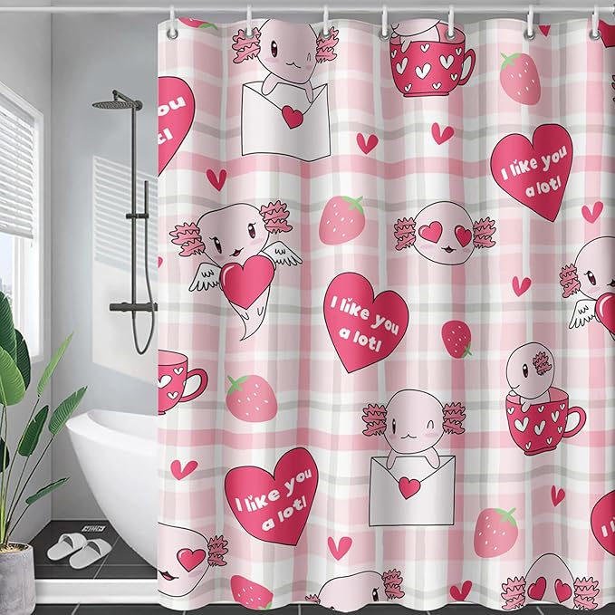 AILONEN Axolotl Shower Curtain Pink Love Hearts Print Bath Curtain Girls Women Adults Strawberry Grid Shower Curtain 36" W*72" H Bathroom Curtain Decor Polyester Waterproof Curtain with 12 Hooks
