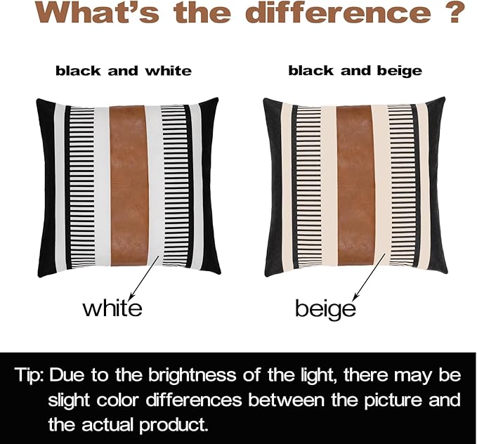 Farmhouse Stripe Pillow Cover 20x20 Boho Accent Cushion Case Faux Leather Decorative Pillowcase,Black and Beige (Cover ONLY, Pack of 2)