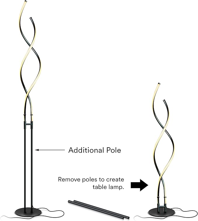 Brightech Embrace Dimmable LED Floor Lamp – Modern Spiral Adjustable Standing Lamp for Living Rooms & Offices – 2-in-1 Tall End Table Lamp for Bedroom Reading - Black