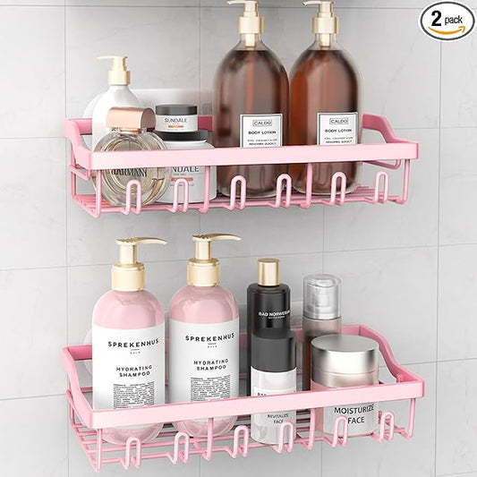 2 Pack Shower Caddy, Adhesive Shower Organizer for Bathroom Storage, Rustproof Stainless Steel Shower Shelves, No Drilling, Large Capacity Shower Rack Shelf for Inside Shower, Pink