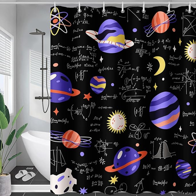 AILONEN Solar System Shower Curtain,Math Galaxy Purple Planet Bath Curtain for Bathroom Decor,Cartoon Planet Polyester Waterproof with 12 Plastic Hooks 60" W*72" H