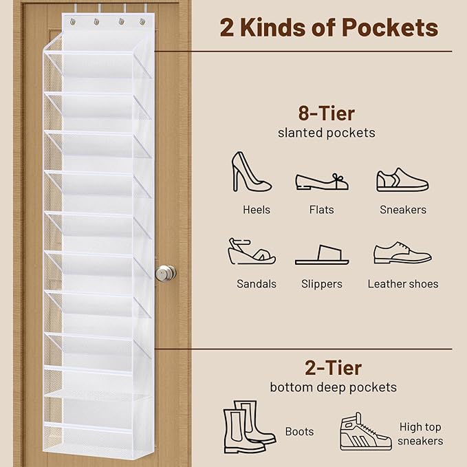 MISSLO 10 Tier Over the Door Shoe Organizer Breathable Mesh Hanging Shoe Rack for Closet Storage Shoe Holder for Door Fit 20 Pairs Sandals, Heels, Boots (White)