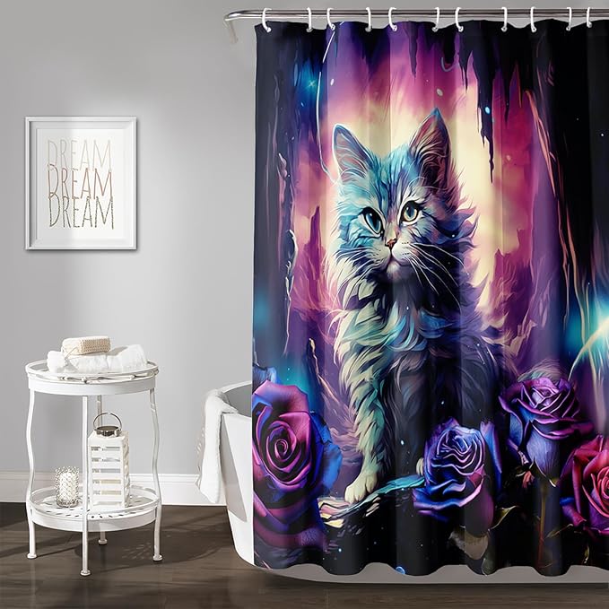 AILONEN Cool Cat Shower Curtains,Purple Rose Cat Bath Curtains for Bathroom Decor,Cave Cat Curtains for Kids,72" W*96" H Polyester Waterproof with 12 Plastic Hooks