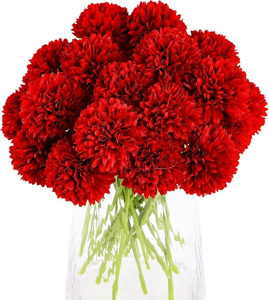 Kimura's Cabin Fake Flower Artificial Flowers 20pcs Silk Chrysanthemum Ball Hydrangea Arrangements Wedding Bouquets Decor Home Kitchen Garden Party Table Floral centerpieces DIY(Red)