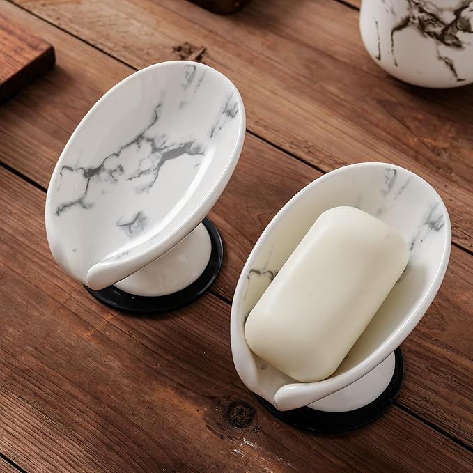 Soap Dish, Marble Soap Holder Self Draining Leaf Shape Soap Dishes,Ceramic soap Holder for Shower，Bathroom Sink, Kitchen (1, Marble)