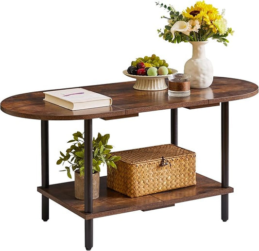 Rustic Coffee Table Splicing Design, TV Centre Table Stand 35 * 16 * 17", 2-Tier Oval Wood Tea Table for Living Room Apartment Rustic Brown YD-011H