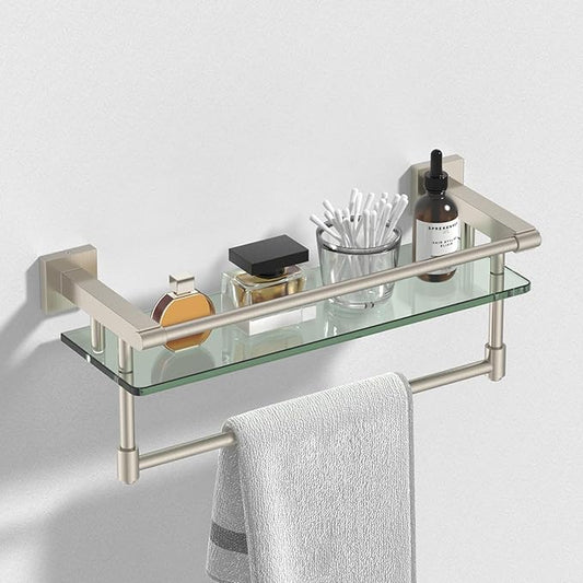 Bathroom Glass Shelf Towel Rack Shelf Glass Organizer Wall-Mounted Bathroom Storage SUS304 Stainless Steel Towel bar/Track Wall-Mounted Tempered Glass Stainless Steel Shelf (Brushed Nickel, 16-inch)