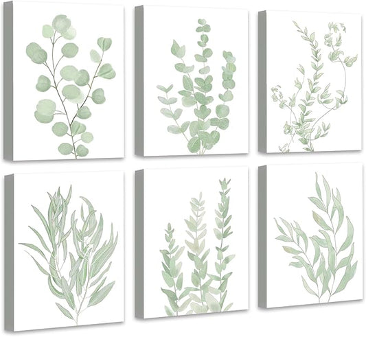 Botanical Eucalyptus Canvas FRAMED Wall Art,Boho Plant Wall Decor for Bedroom,Minimalist Prints for Living Room,Light Green Botanical Art Painting for Bathroom,Set of 6,8”x 10”