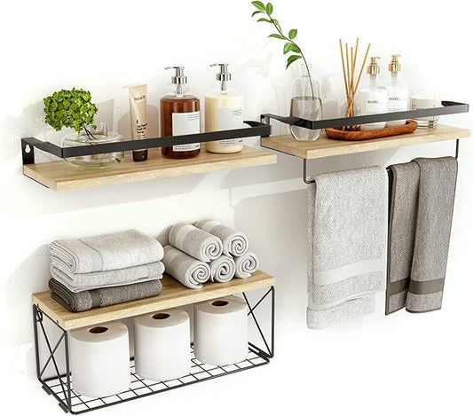 Bathroom Shelves with Wire Storage Basket, Floating Shelves Over Toilet with Protective Metal Guardrail, Wall Shelves for Bedroom, Living Room, Kitchen and Bathroom Toilet Paper