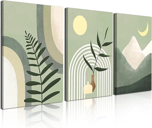 Boho Wall Art Painting,Boho Wall Art Set of 3, Sage Green Minimalist Framed Canvas Wall Art Geometric Leaf Sun Moon Beige Green Canvas Artwork 12"X16" for Bathroom Living Room Boho Wall Decor