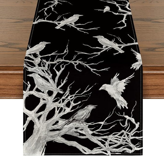 Artoid Mode Silhouette Tree Grey Crows Halloween Table Runner, Branches Fall Kitchen Dining Table Decoration for Outdoor Home Party 13x72 Inch