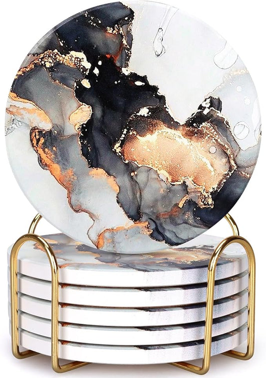 6 Pcs Black Marble Abstract Ceramic Coasters with Holder Best Round Drink Absorbent Coaster for Desk, Lounge, Coffee Table, Wine, Beverage, Bar Coasters Set