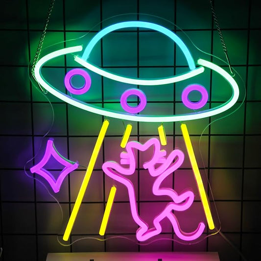UFO Cat Neon Sign Fun Alien Neon Light Spacecraft LED Sign Adorable Pink Cat Neon Lights Signs for Bedroom Game Room Man Cave Bar Party Decoration Gifts for Kids Wall Art