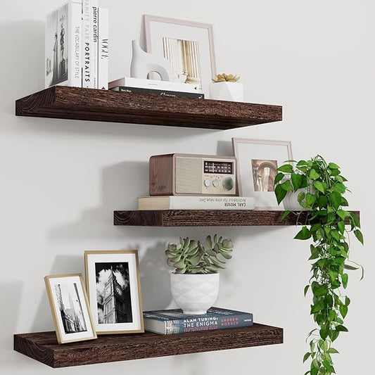 Marsmiles Wood Floating Shelves for Wall Set of 3, 17 Inch Wide Rustic Wooden Floating Shelves, Invisible Wall Mounted Display for Living Room Bedroom Kitchen Bathroom Office, Rustic Brown