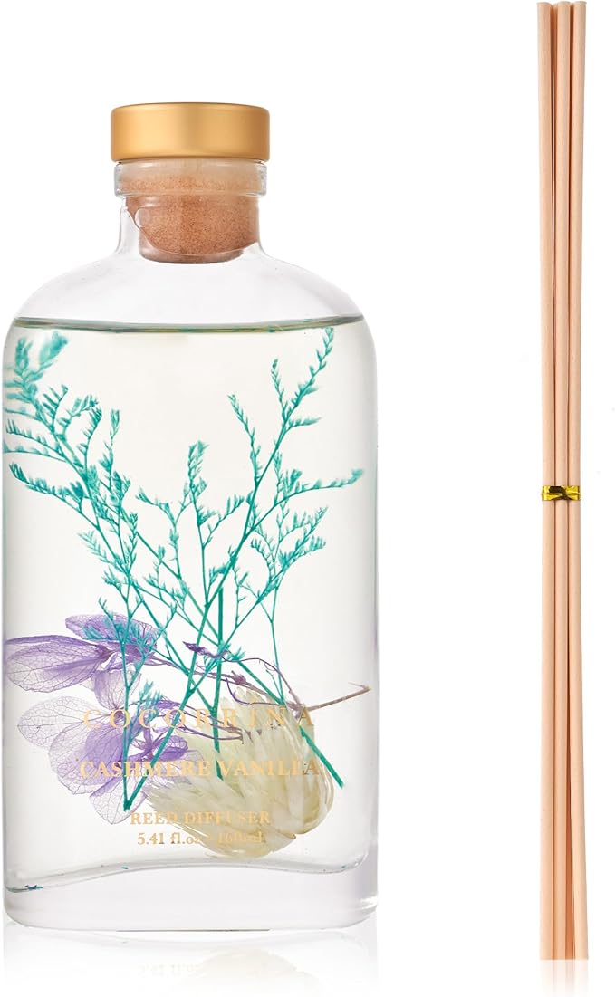 COCORRÍNA Reed Diffuser - Cashmere Vanilla 5.41 oz Flower Reed Diffuser Set with Sticks, Bedroom Bathroom Shelf Decor (Scented Blooms Collection)