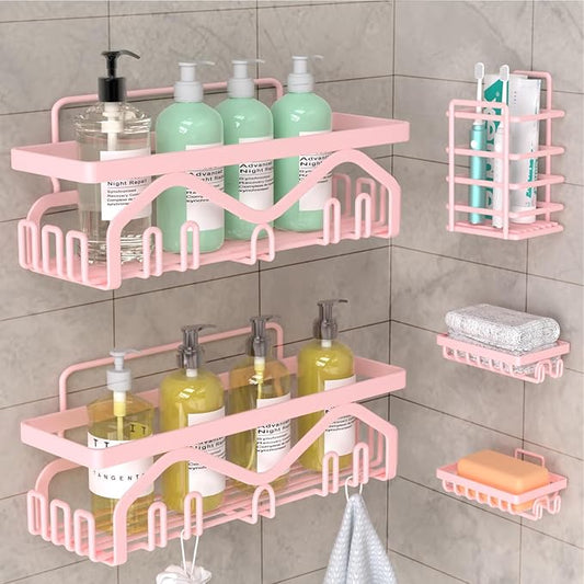 Coraje Shower Caddy - 5-Pack Adhesive Shower Organizer, Large Capacity Rustproof Stainless Steel Bathroom Organizer, Pink