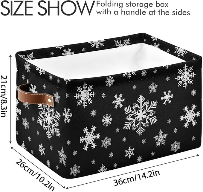 Winter Snowflake Black Storage Basket Fabric Kitchen Baskets Christmas Holiday Open Home Storage Bins Boxes Foldable Organizer Bag for Baby Cloth Xmas Baskets 16×12×8 Inches