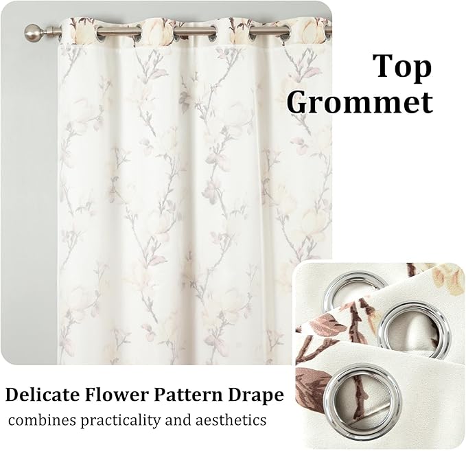 VOGOL Beige Blackout Curtains with Tulle Overlay, 2 Layered Flower Print Cloth Curtain Privacy Drapes for Living Room, Grommet Window Treatment for Bathroom, 52 x 96, 2 Panels