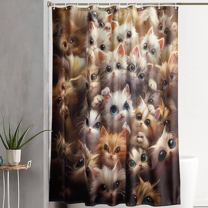 AILONEN Kawaii Cat Shower Curtain for Kids Boys,Lovely Hairy Cat Fabric Shower Curtains for Bathroom,Cute Animal Kittens Polyester Cloth Bath Curtain Set, 36" W*72" H