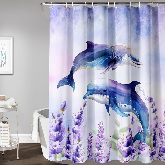 AILONEN Watercolor Dolphin Shower Curtain, Cute Dolphin Lavender Flower Bath Curtain,Modern Minimalist Purple Waterproof Fabric Shower Curtain Set with Hooks 72" W*78" H
