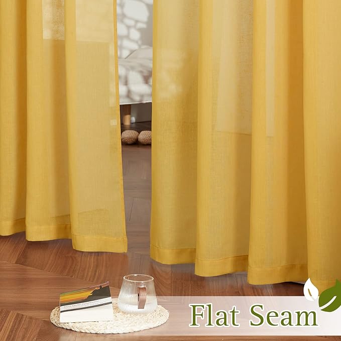 NICETOWN Semi Sheer Gold Curtains 96 inches Long, Grommet Linen Weave Vintage Vertical Drapes Privacy with Light Filtering for Living Room/Farmhouse, Citrine, 2 Panels, W52 x L96