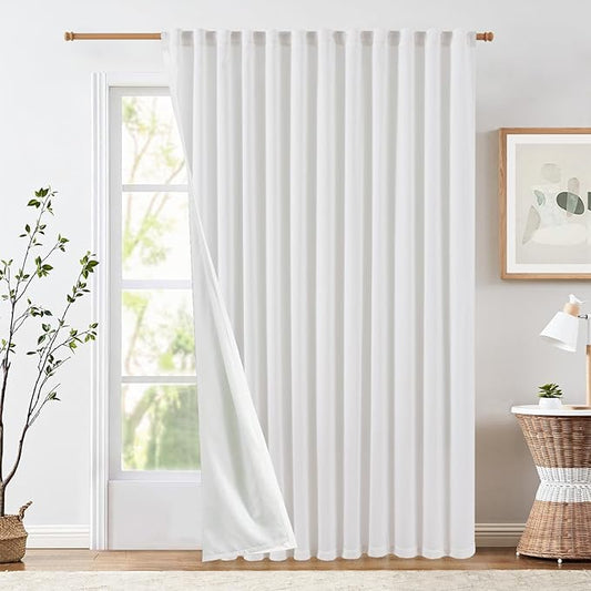 jinchan White Lined Linen Blend Curtain for Sliding Door 84 Inch Length 1 Panel for Living Room, 100 Inch Extra Wide Drape with Rod Pocket Back Tab(100W x 84L, White)