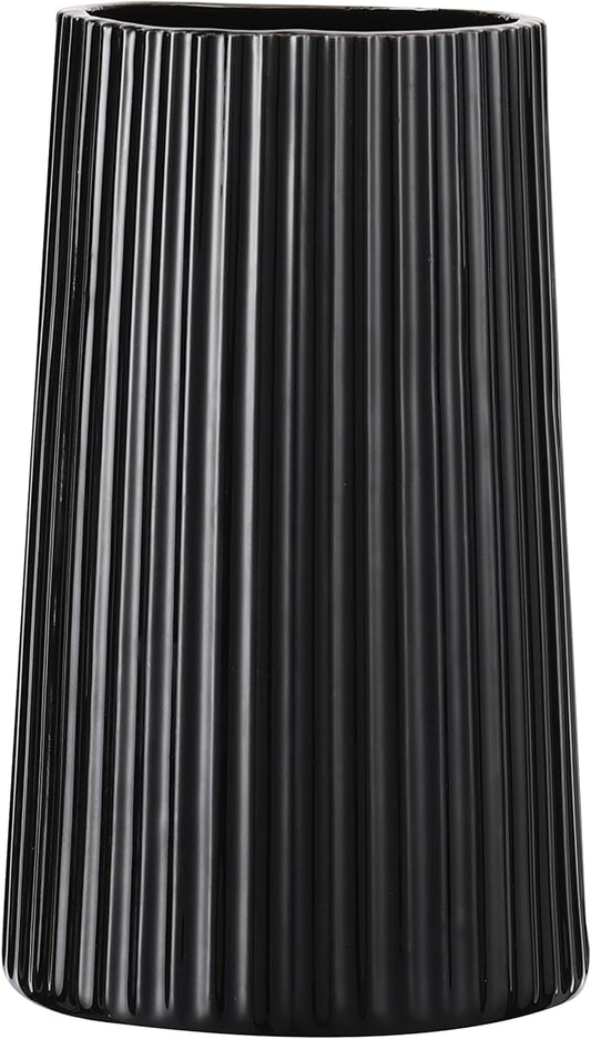 Black Ceramic Vase for Flowers, Large Modern Black Vase for Home Decor, Decorative Vase for Living Room, Office, Mantel, Shelf, Dining Table, 8 inches