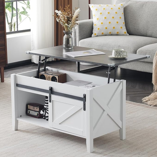 VINGLI White Charcoal Lift Top Coffee Table, 36" Small Farmhouse Barn Door Coffee Table with Storage, Rectangular Center Wood Coffe Table with Lifting Top, Living Room Tables with Hidden Compartment