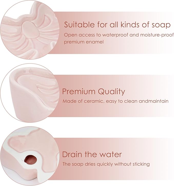 Bowknot Soap Dish, Bow Shaped Ceramic Drain Soap Box, Ceramic Soap Dish for Bathroom, Sinks, Kitchen (Pink)