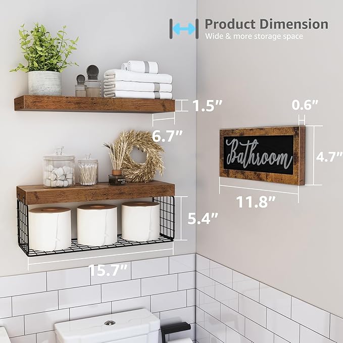 QEEIG ‎Bathroom Shelves Over Toilet - Paper Storage Wall Mounted Farmhouse Decor Decorations Aesthetic Décor Sign Small Floating Shelf 2+1 Set 16 inch, Rustic Brown (020BN)