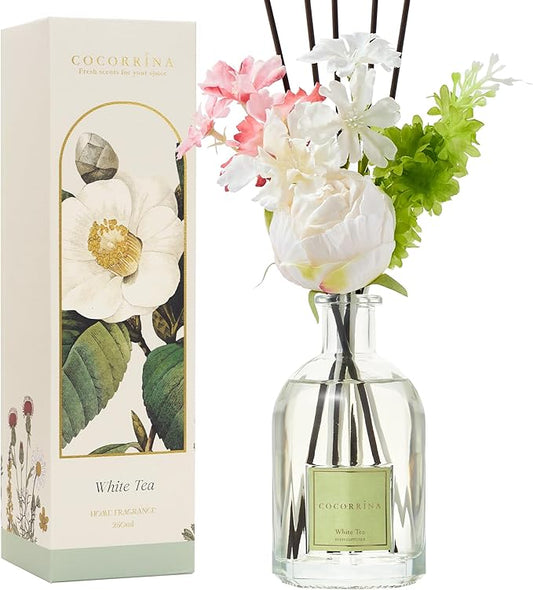 COCORRÍNA Reed Diffuser - White Tea 8.5 Fl.oz/ 250ml Flower Diffuser with 8 Sticks, Reed Diffusers for Home Bathroom Shelf Decor (Botanical Flower Collection)
