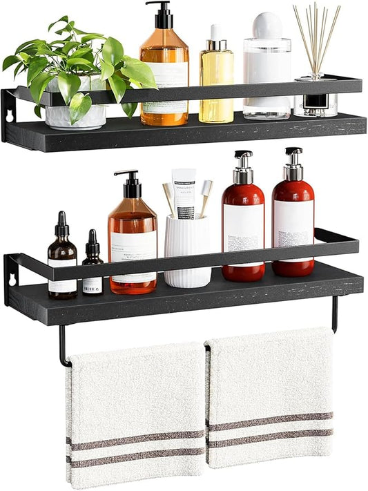 AMADA HOMEFURNISHING Floating Shelves, Wall Shelves for Bathroom, Kitchen, Bedroom, Bathroom Shelf with Towel Bar, Decor Shelves Set of 2, Black - AMFS01B
