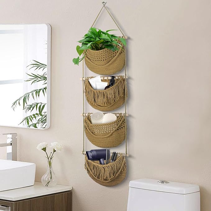 4 Tier Hanging Fruit Basket for Kitchen, 4 Pack Detachable Cotton Crocheted Wall Hanging Baskets Shelf Over Door Organizer for Fruit Veggie Plant, Hanging Storage Basket for Bathroom Bedroom(Brown)